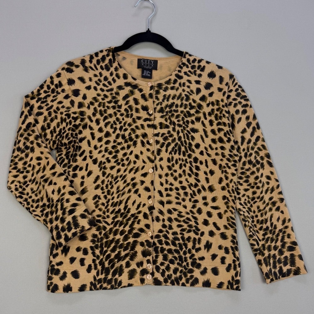 City Silk Leopard Print Mob Wife Cardigan Sweater Silk Blend Tan Black Small